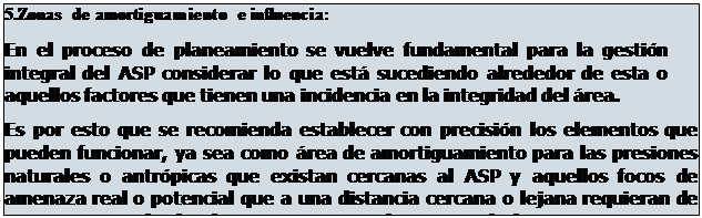 Cuadro de texto: 5.Zonas de amortiguamiento e influencia:
En el proceso de planeamiento se vuelve fundamental para la gestin integral del ASP considerar lo que est sucediendo alrededor de esta o aquellos factores que tienen una incidencia en la integridad del rea.
Es por esto que se recomienda establecer con precisin los elementos que pueden funcionar, ya sea como rea de amortiguamiento para las presiones naturales o antrpicas que existan cercanas al ASP y aquellos focos de amenaza real o potencial que a una distancia cercana o lejana requieran de una estrategia de abordaje para minimizarlas o controlarlas. Esta situacin se espera que sea identificada en la fase de Diagnstico y se pueda gestionar su manejo en las Estrategias de Conservacin, los Planes Especficos y el Modelo de Gestin que se proponga en el PGM.
